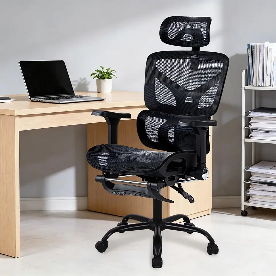 Cadeira Ergonômica de Malha Respirável para Escritório, Braços Ajustáveis, Suporte Lombar Regulável, Inclinação de 135 Graus para Home Office (preto)