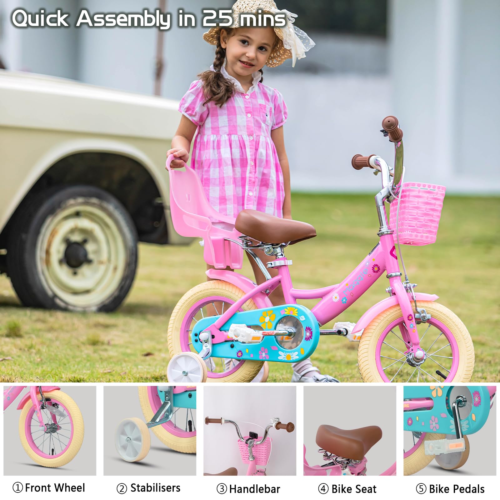 Glerc Maggie Mädchen Fahrad 12 14 16 20 Zoll KinderFahrrad für 3-12 jährige Mädchen mit Puppenradsitz & Stützrädern & K