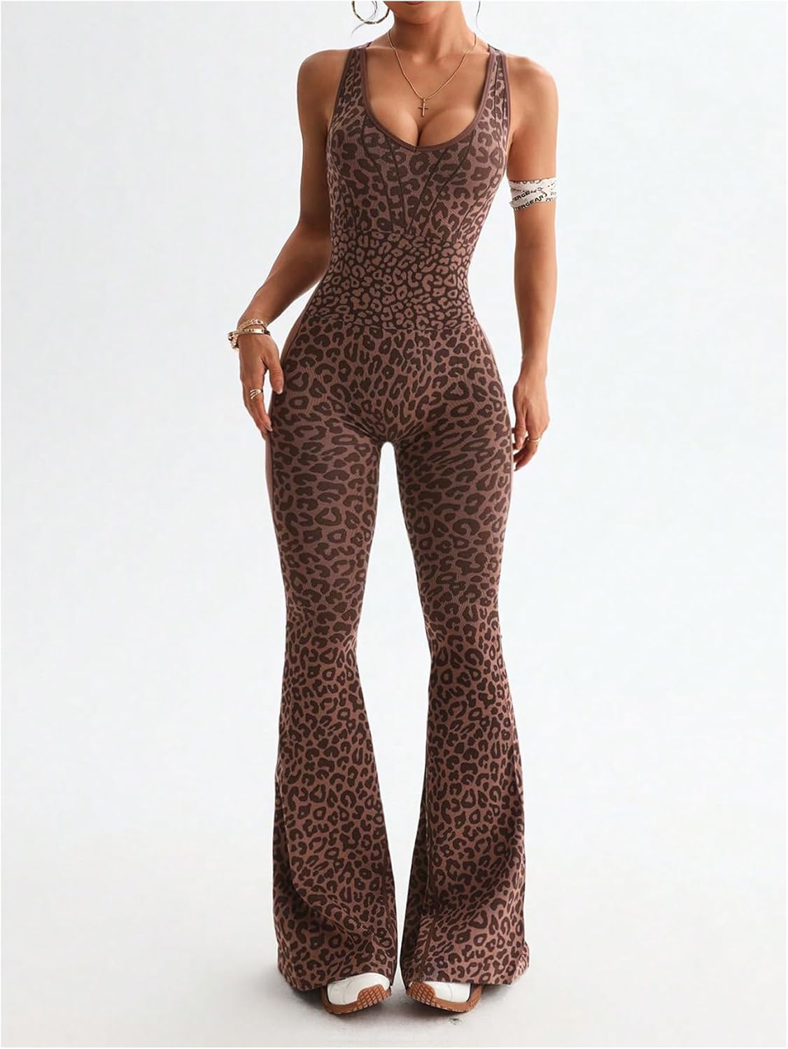 WDIRARA Women's Leopard Print Scoop Neck Flare Yoga Jumpsuits Twist Backless Sleeveless Sports Pants Romper - Image 6