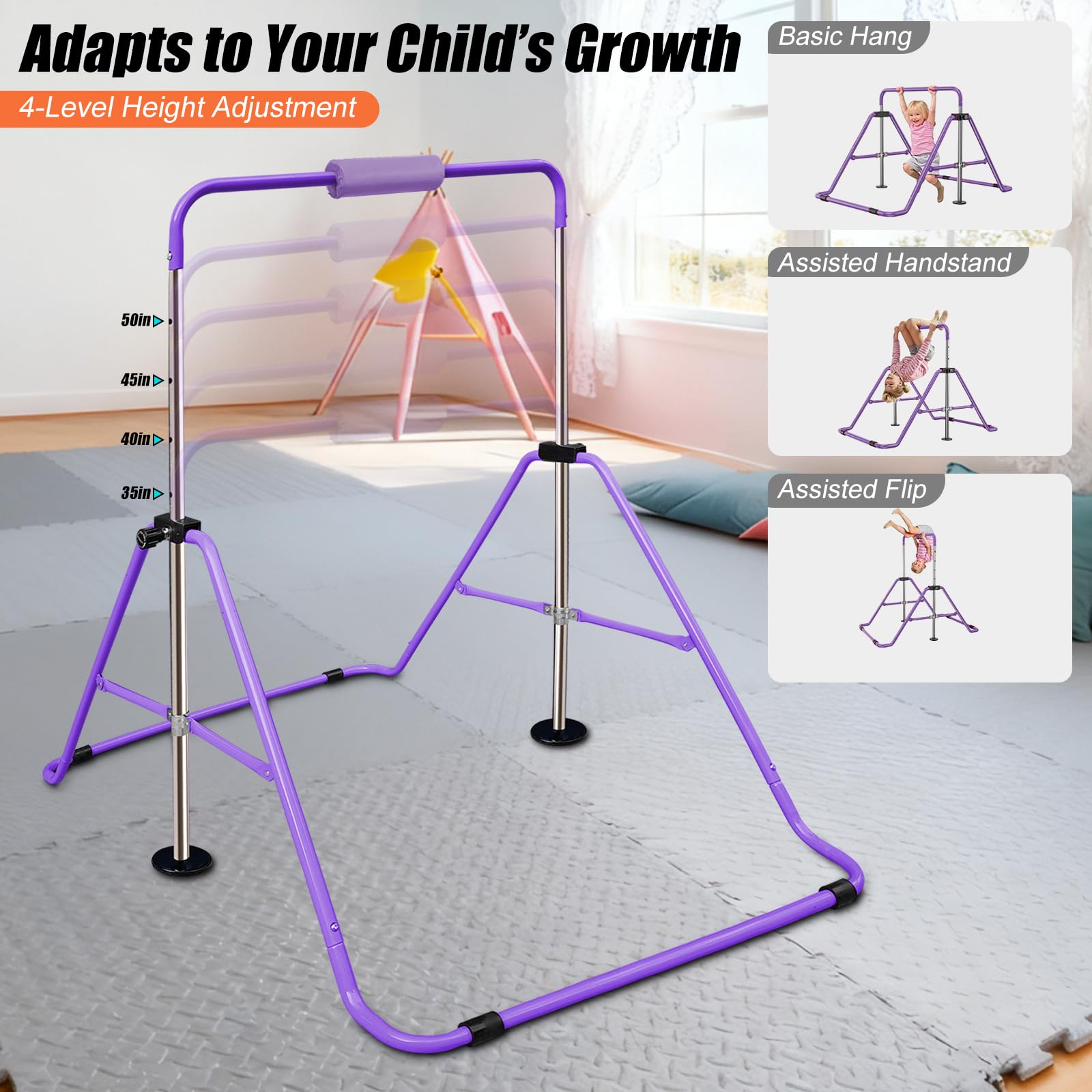 Triclicks Barre de Gymnastique pour Enfants, Barre d'entraînement Pliable avec Hauteur réglable, Barres Horizontales Extensibles pour Enfants, Filles, garçons (Violet 2)