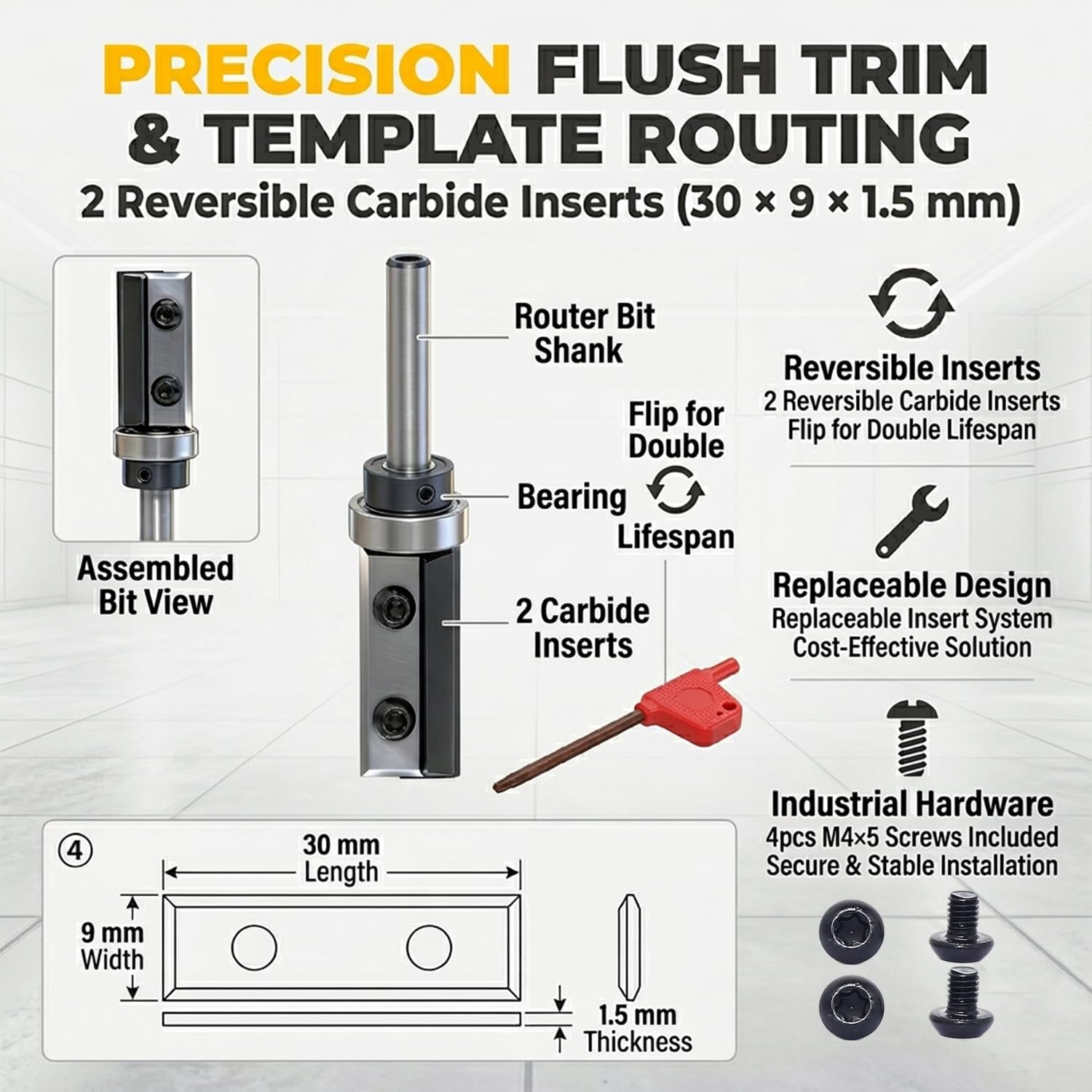 Flush Trim Router Bit 1/4 Shank with 2 Reversible Carbide Inserts (30×9×1.5mm), 5/8" Dia, 1-3/16" Cutting Height, Pattern Bit for Template Routing, Woodworking & Edge Trimming