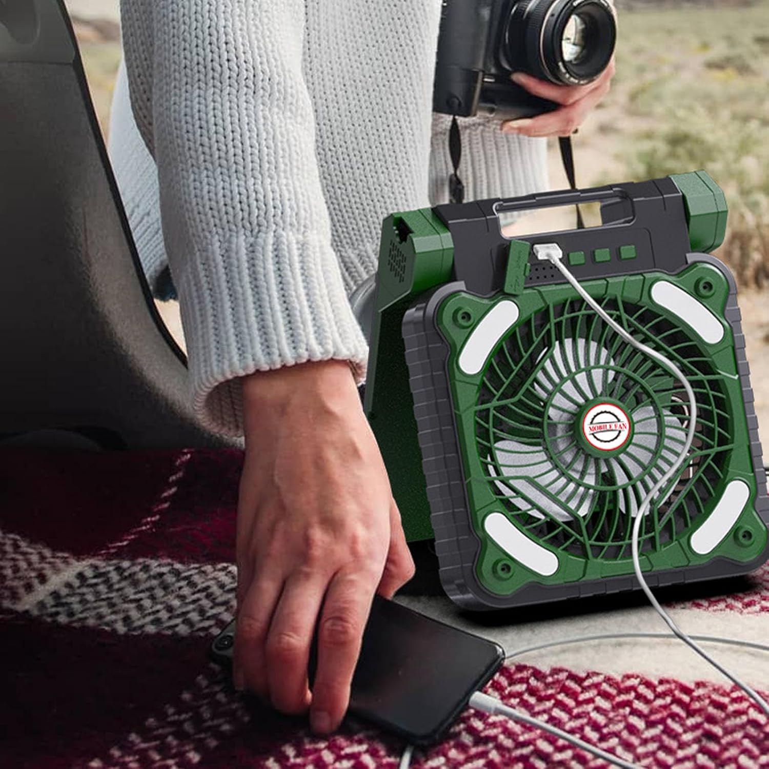 Solar Fan, Portable Camping Fan Rechargeable Battery Operated Tent Camp Fan with Solar Panel Led Lantern for Outdoor Picnic Hurricane Fishing Worksite (OD Green)