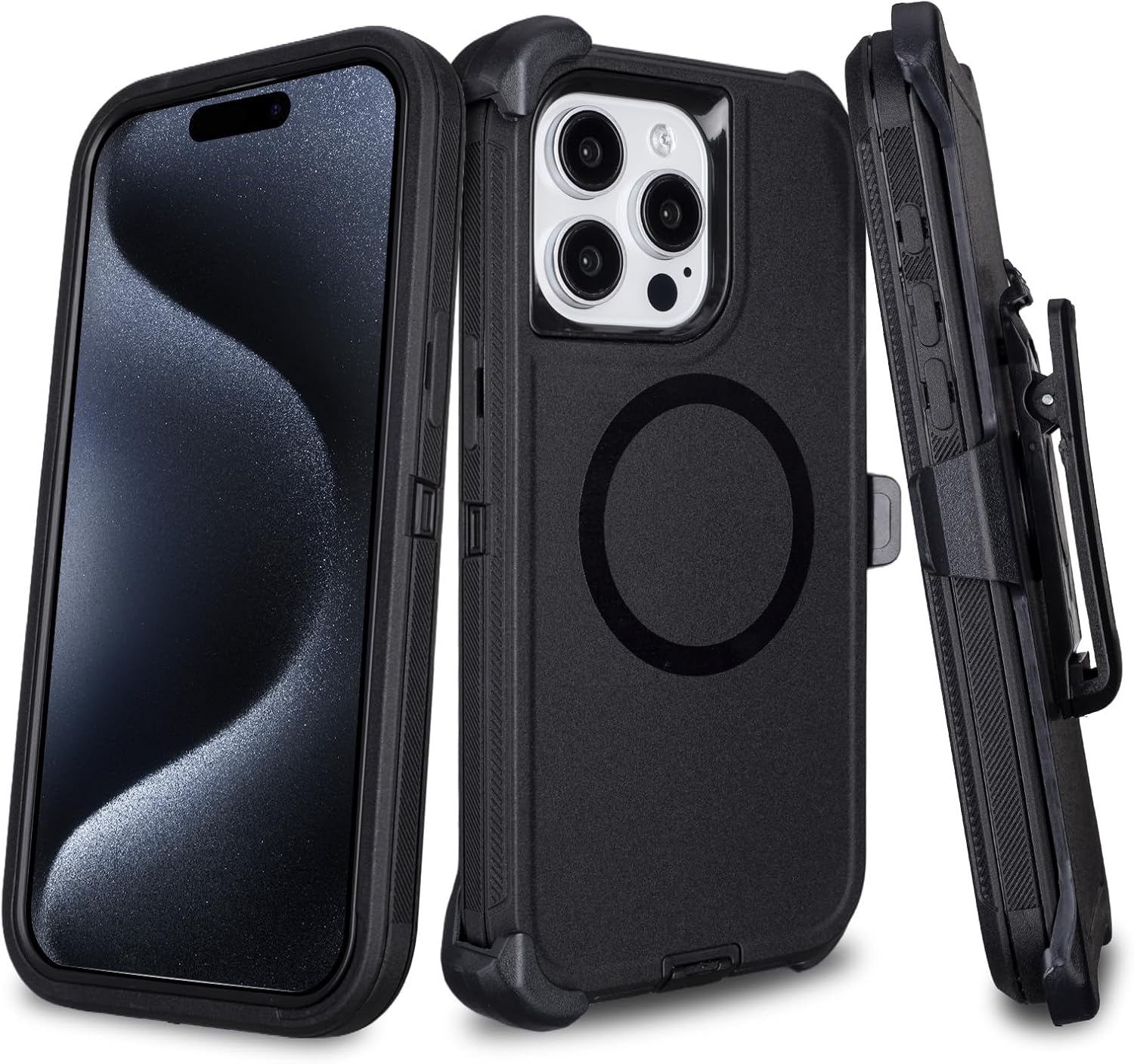 for iPhone 15 Pro Max Case with Belt Clip Holster, Compatible with MagSafe, 3-Layer Shockproof Anti-Drop Full Body Protective Case, Heavy Duty Rugged Defender Cover for iPhone 15 Pro Max, Black