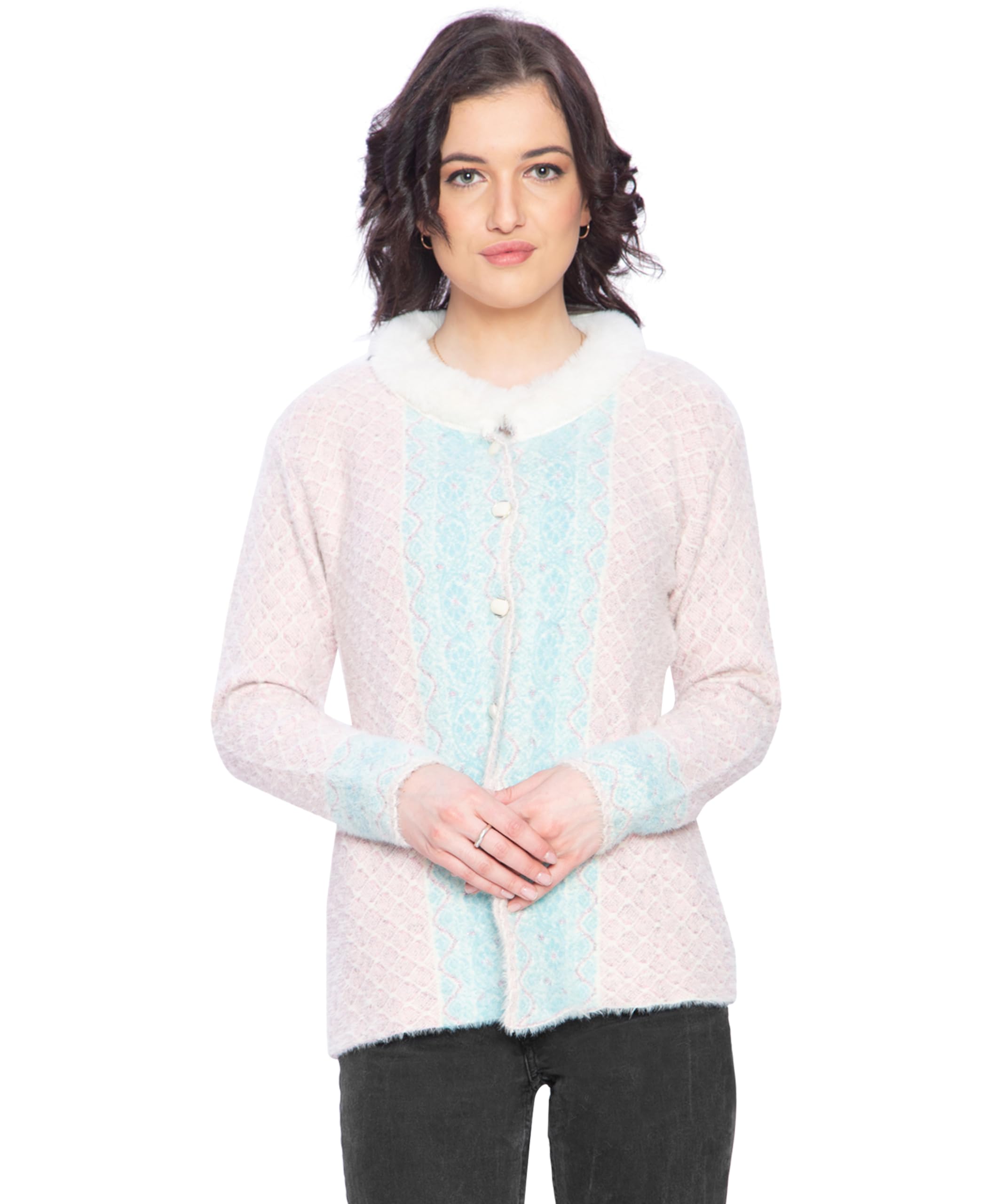 Women Hair wool sweater Cardigan with Fur detailing-image-0