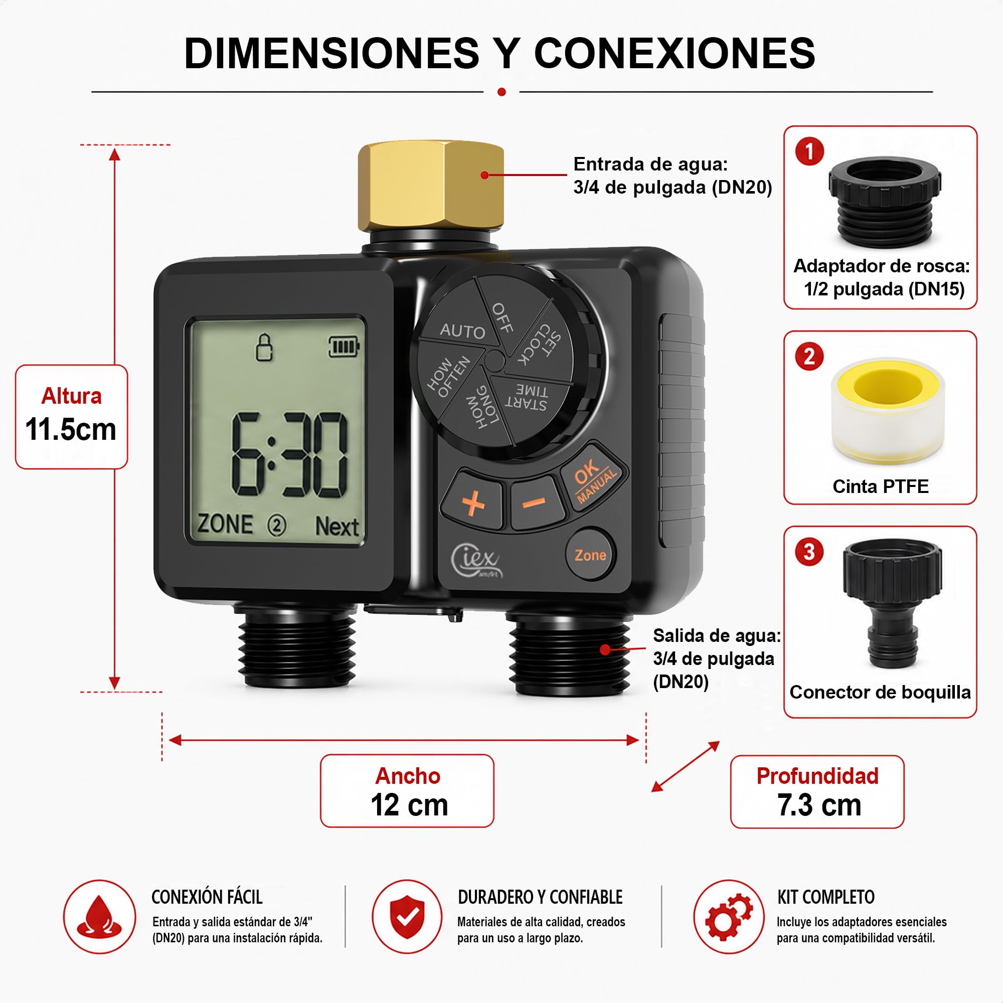 GIEX - Ordenador de riego de 2 vías, temporizador de riego recargable, 2 zonas con conexión de latón, temporizador de agua programable con IP66, retardo de lluvia y riego manual para jardín, césped