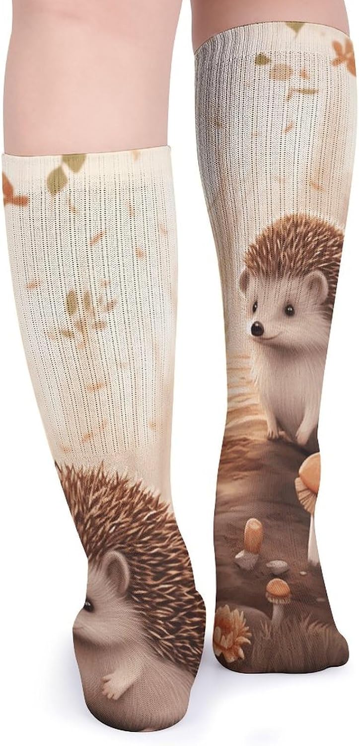 Breathable Crew Sock, Moisture Wicking, Athletic Calf Socks, Cozy | Nature Lovely Hedgehog Lovers Compression Socks for Women Men, Lightweight High Work Socks for Business, Casual