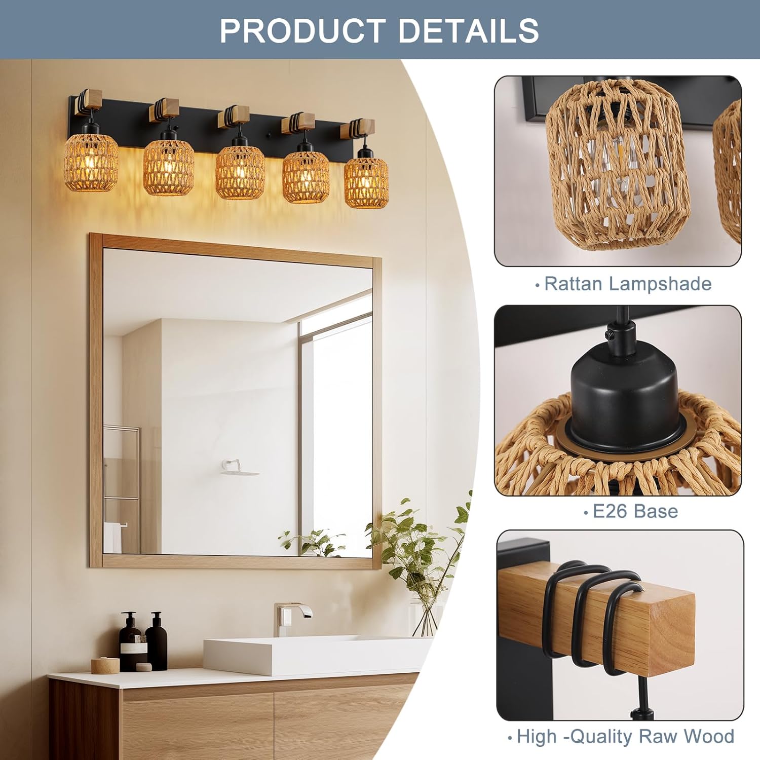 5 Light Bathroom Vanity Light Fixtures, Rustic Style Wood Bathroom Wall Sconce, with Boho Wicker Lampshade, Rattan Black Farmhouse Wall Sconce for Bedroom, Hallway, and Living Room