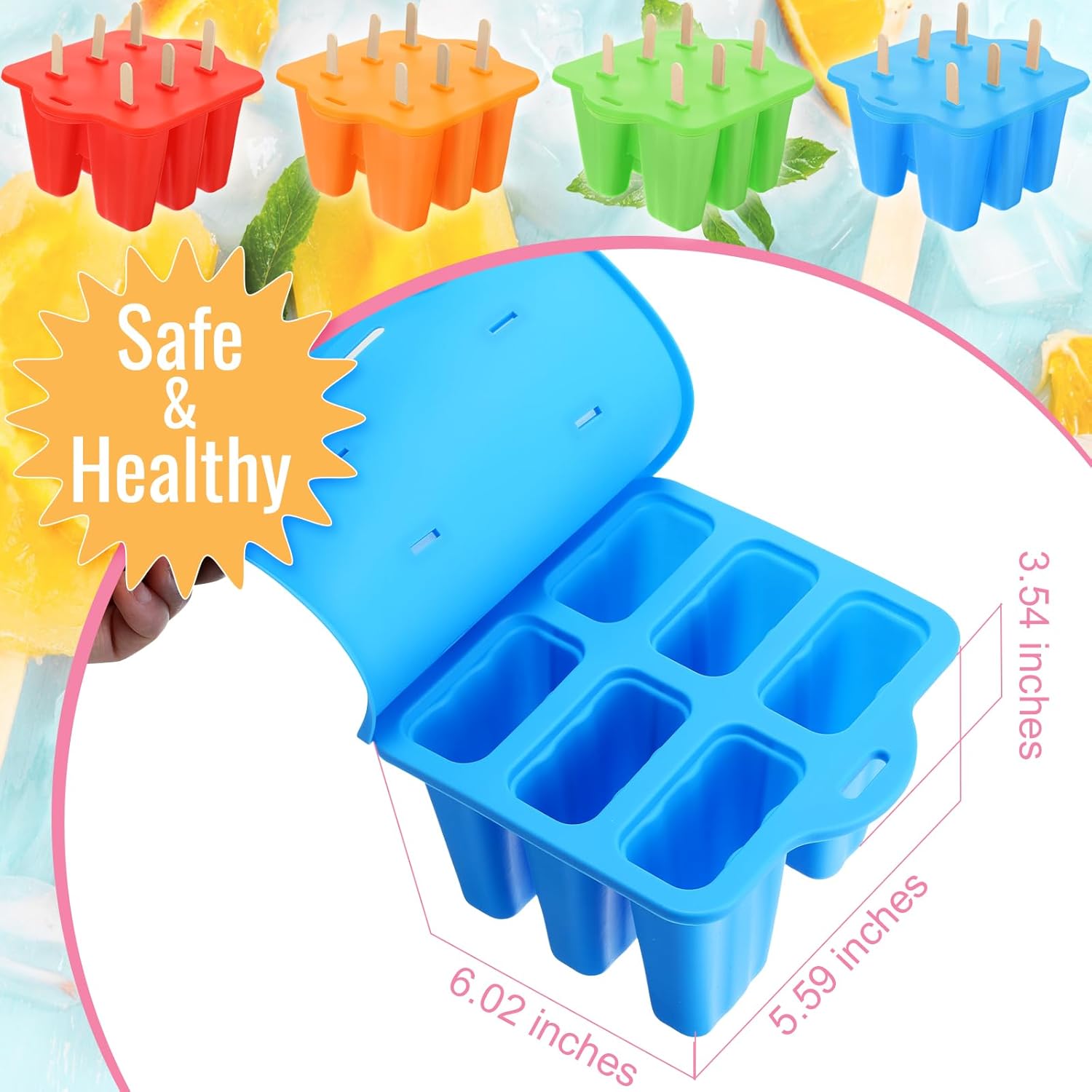 Hoolerry Ice Lolly Molds Set Include 4 Pcs Silicone Frozen Ice Cream Molds and 200 Pcs Ice Candy Maker Sticks for Homemade, Red, Blue, Green, Orange (6 Cavities)