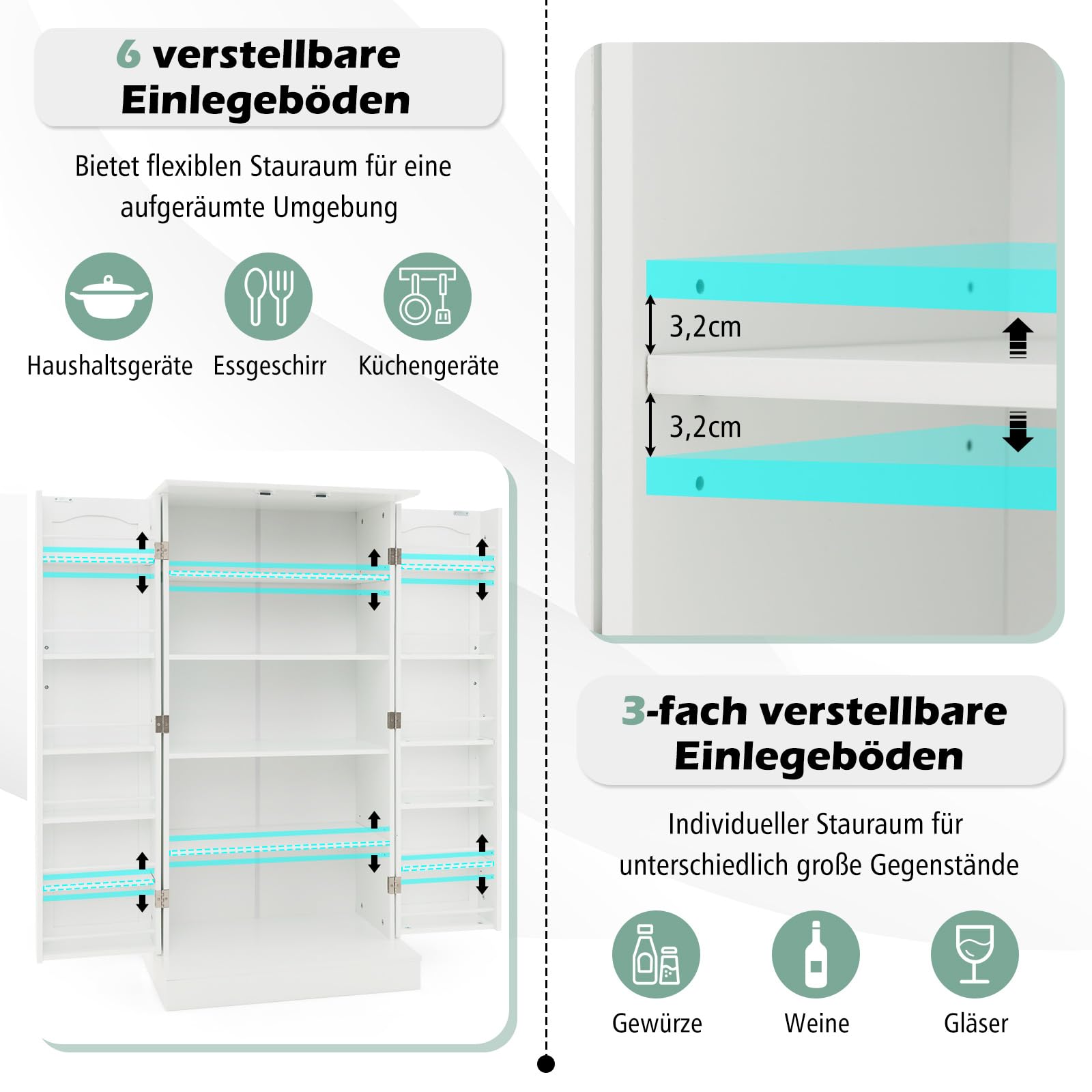 COSTWAY szafka kuchenna, szafka magazynowa, szafka do przechowywania z 2 drzwiami i 6 regulowanymi półkami, szafka wielofunkcyjna do kuchni, salonu, jadalni, 60 x 40 x 120 cm, biały