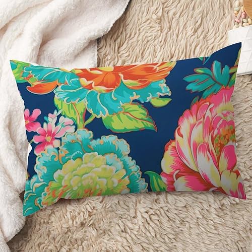 ArogGeld Funda de almohada para sofá de granja, color turquesa, verde azulado, chinoiserie, coral, peonía, floral, cojín lumbar, de lino blanco,
