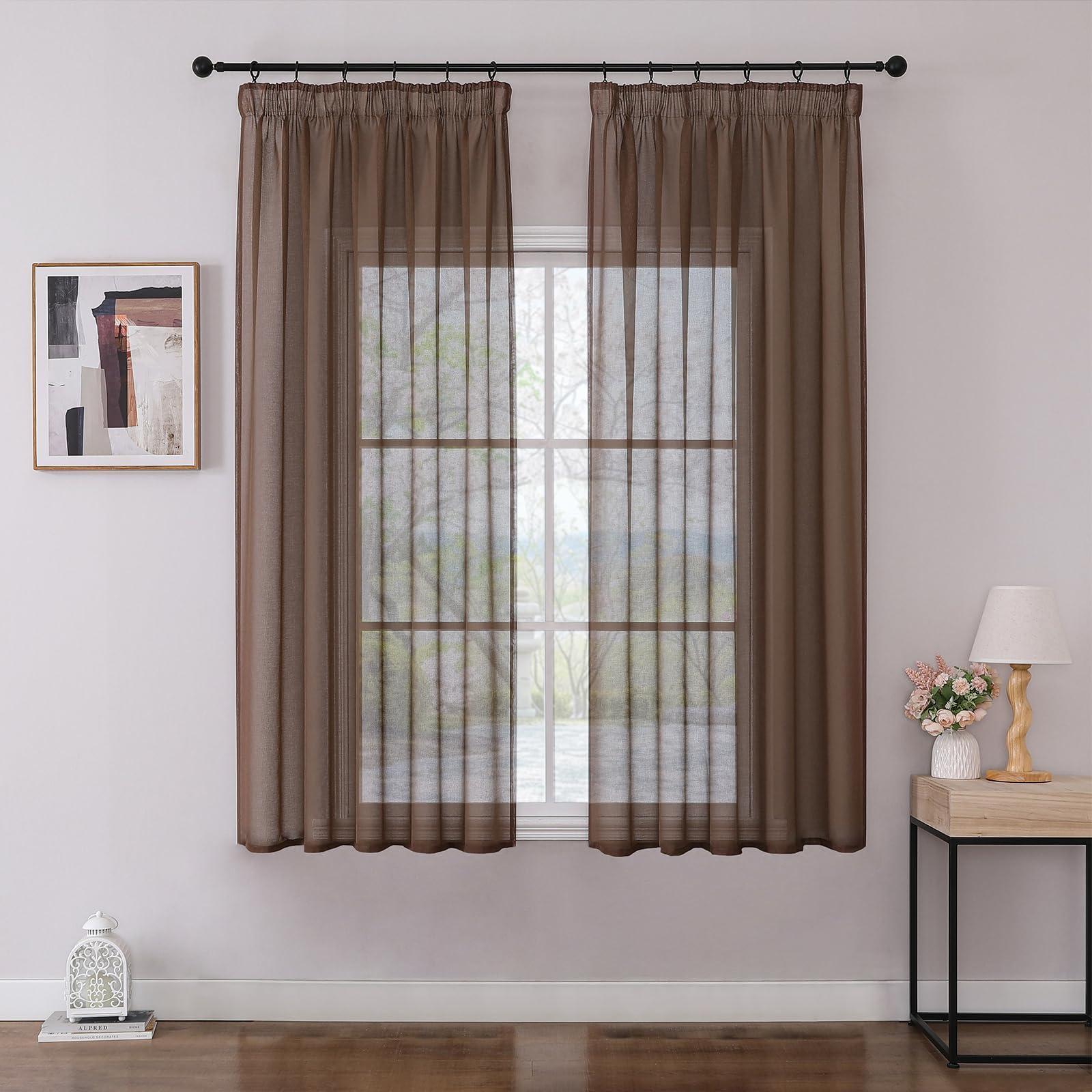 Joydeco 2er Set H137 x B140 cm Braun Kurz Vorhänge für Schienensystem Schiene Gardinen Transparent Vorhang Durchlässig Curtains Modern Living Room