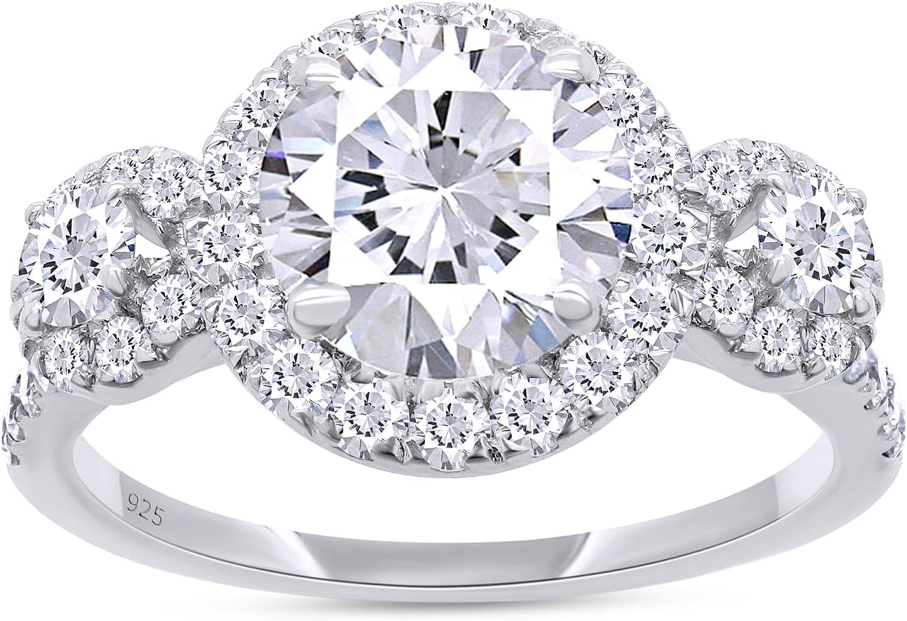 SAVEARTH DIAMONDS Three Stone Design, 2 1/4 CTTW 7.5MM Center Round Cut Lab Created Moissanite Diamond Halo Engagement Ring In 14K Gold Over Sterling Silver (VVS1 Clarity, 2.25 Cttw)