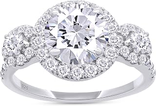SAVEARTH DIAMONDS Three Stone Design, 2 1/4 CTTW 7.5MM Center Round Cut Lab Created Moissanite Diamond Halo Engagement Ring In 14K Gold Over Sterling Silver (VVS1 Clarity, 2.25 Cttw)