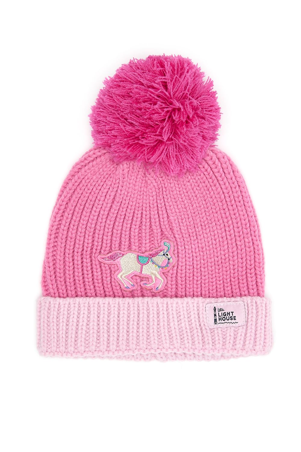 LightHouse Kids Bobbie Warm Bobble Cable Knit Hat - Childrens Winter Outdoor Headwear - Pink Horse - 5-10 Years