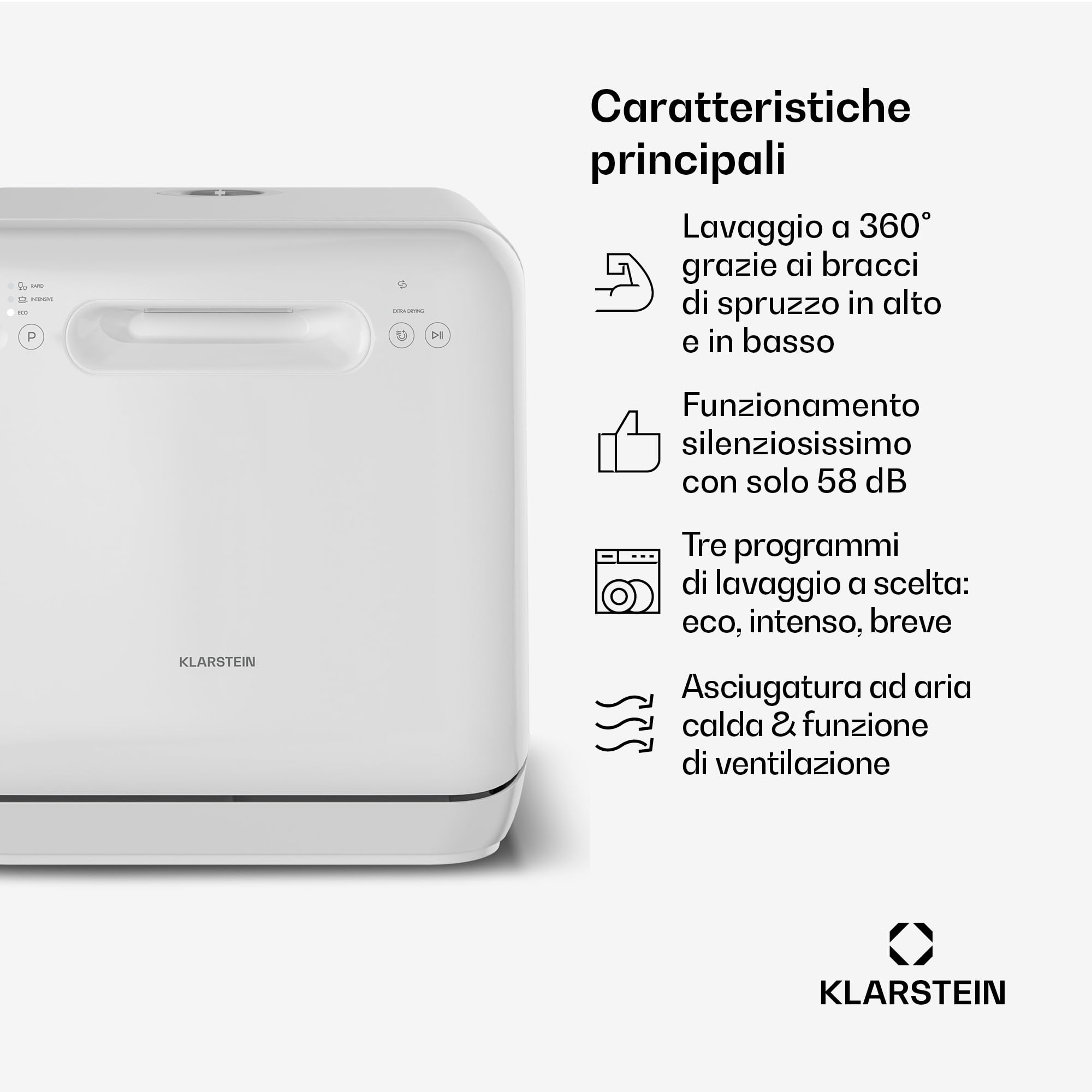 Klarstein Mini Lavastoviglie Aquatica – Lavastoviglie da Tavolo Compatta, 2 Coperti, 3 Programmi, Serbatoio 5L, Senza Installazione, Silenziosa 58dB, Portatile per Casa & Campeggio