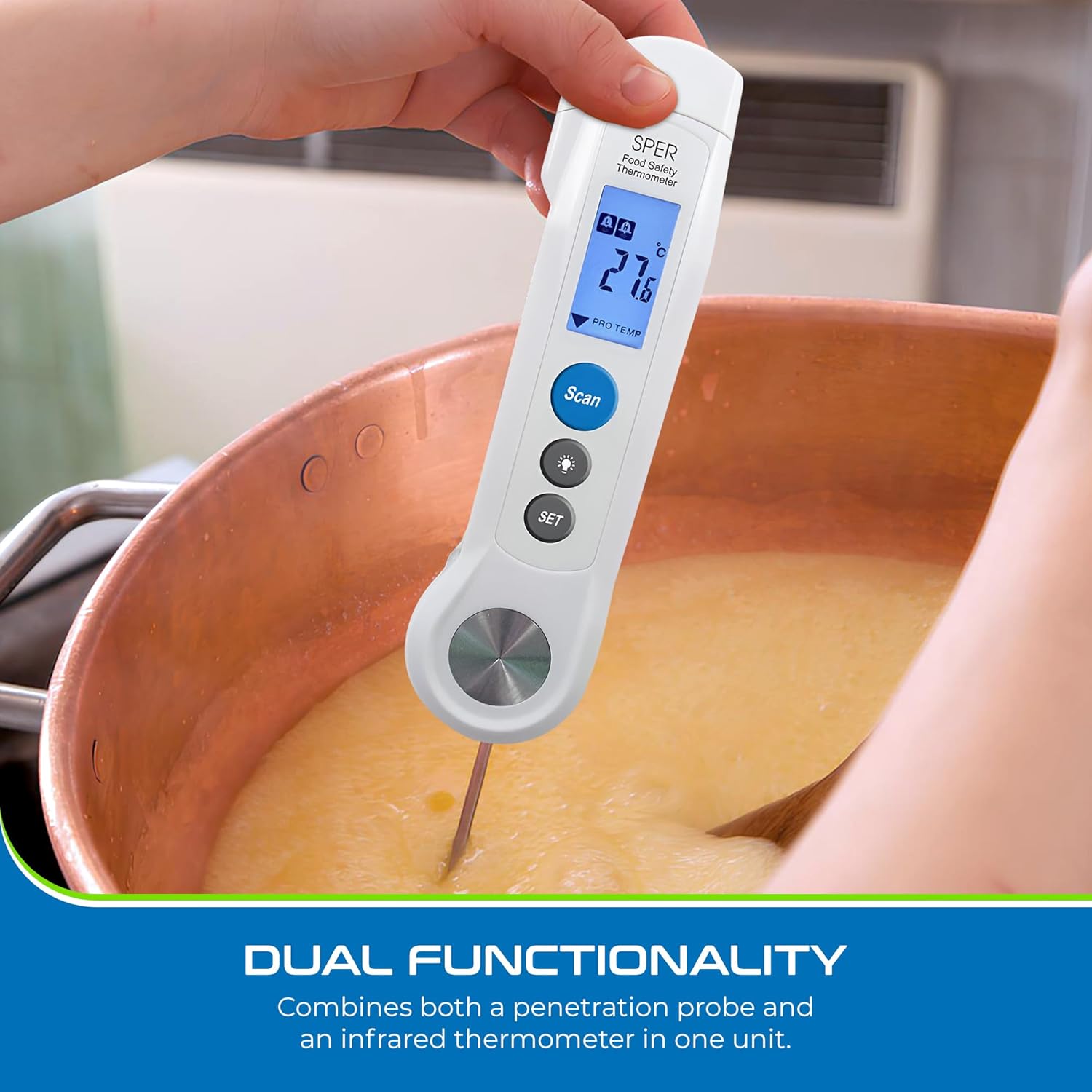 Sper Scientific Dual Function Infrared & Probe Food Safety Thermometer 800115 - Non-Contact Infrared Surface Temperature & Foldable Probe for Internal Temps, Fast & Accurate for Kitchens & more - 2 pc