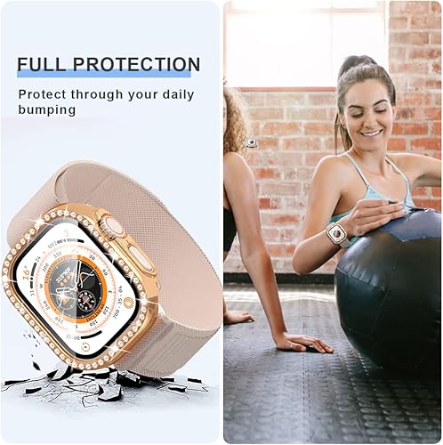 Miniatura 6 de Paquete de 2 + 2 fundas brillantes para Apple Watch Ultra de 1.732 pulgadas, funda protectora JZK 2 rígidas con marco de cristal de diamante + 2