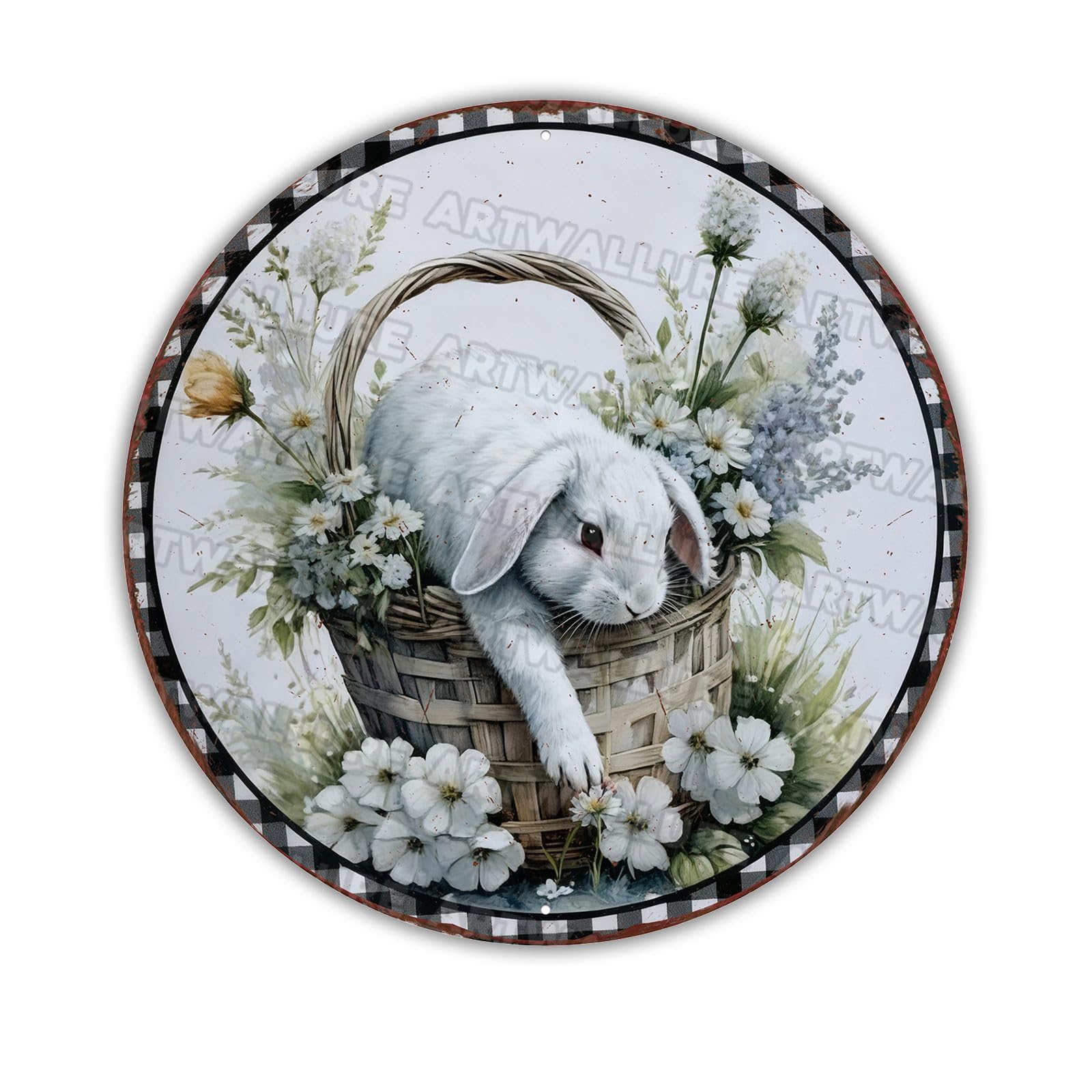Round Easter Bunny Wreath Metal Sign Rustic Farmhouse Design Spring Wall Art For Front Door Home Entryway Seasonal Decor 8x8Inch