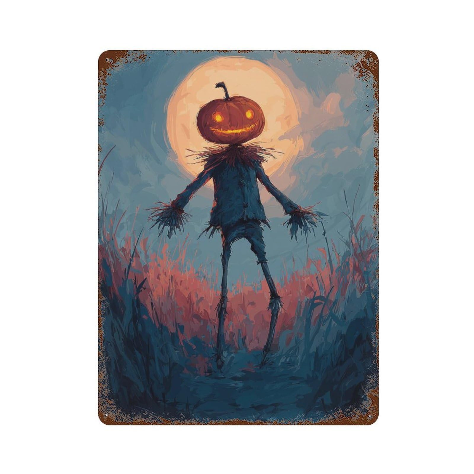 Retro Metal Sign with Pumpkin Head Scarecrow Halloween Art Design 15.7"x11.8", for Living Room, Hallway And Home Decor, Vintage Wall Decor
