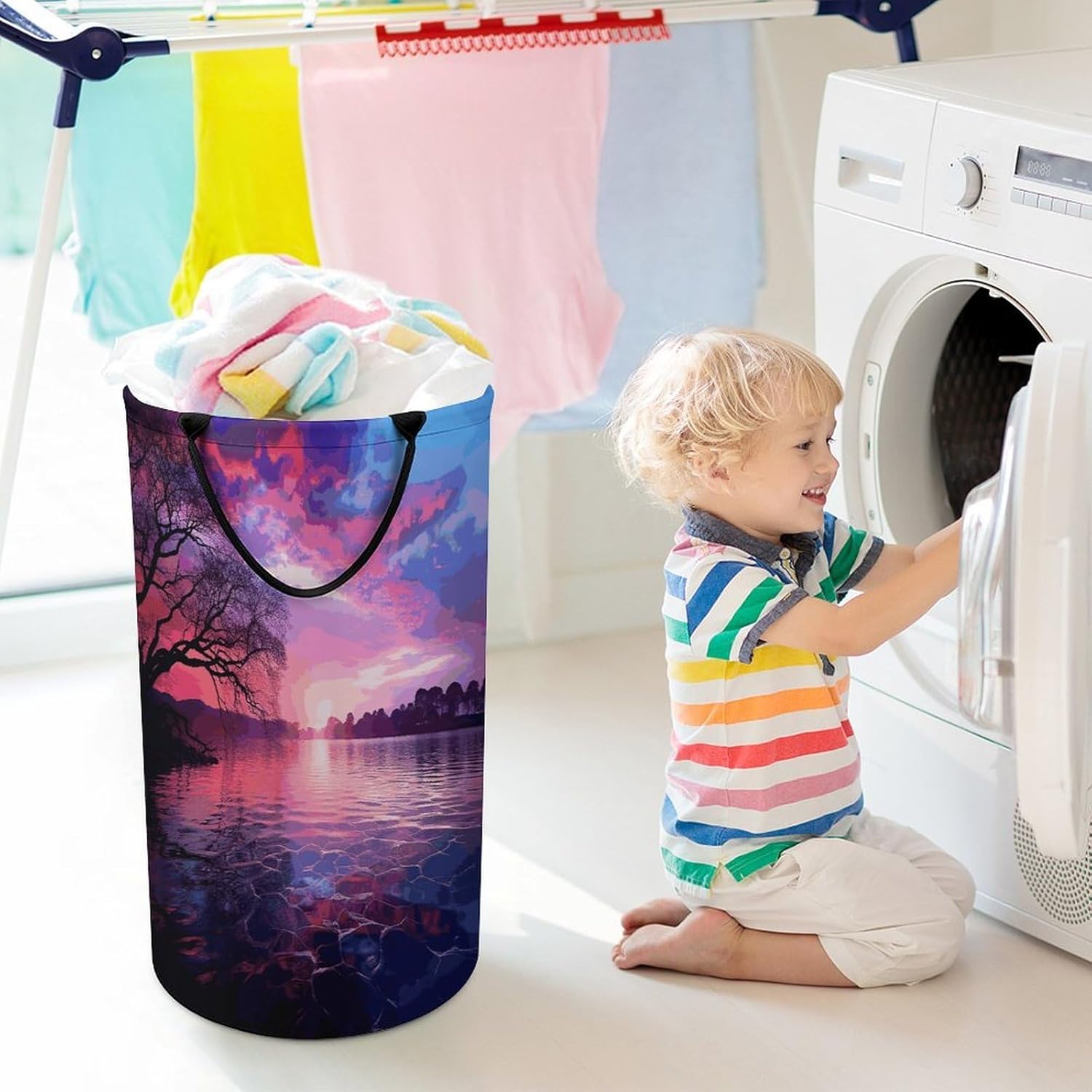 Purple Sunset on WaterLaundry Hamper - Large Dirty Clothes Bag.Storage Basket for Easy Carry Handles. Large Clothes Basket with Handles, Clothing Storage Bucket Toy Organizer for Bathroom Bedroom Dor
