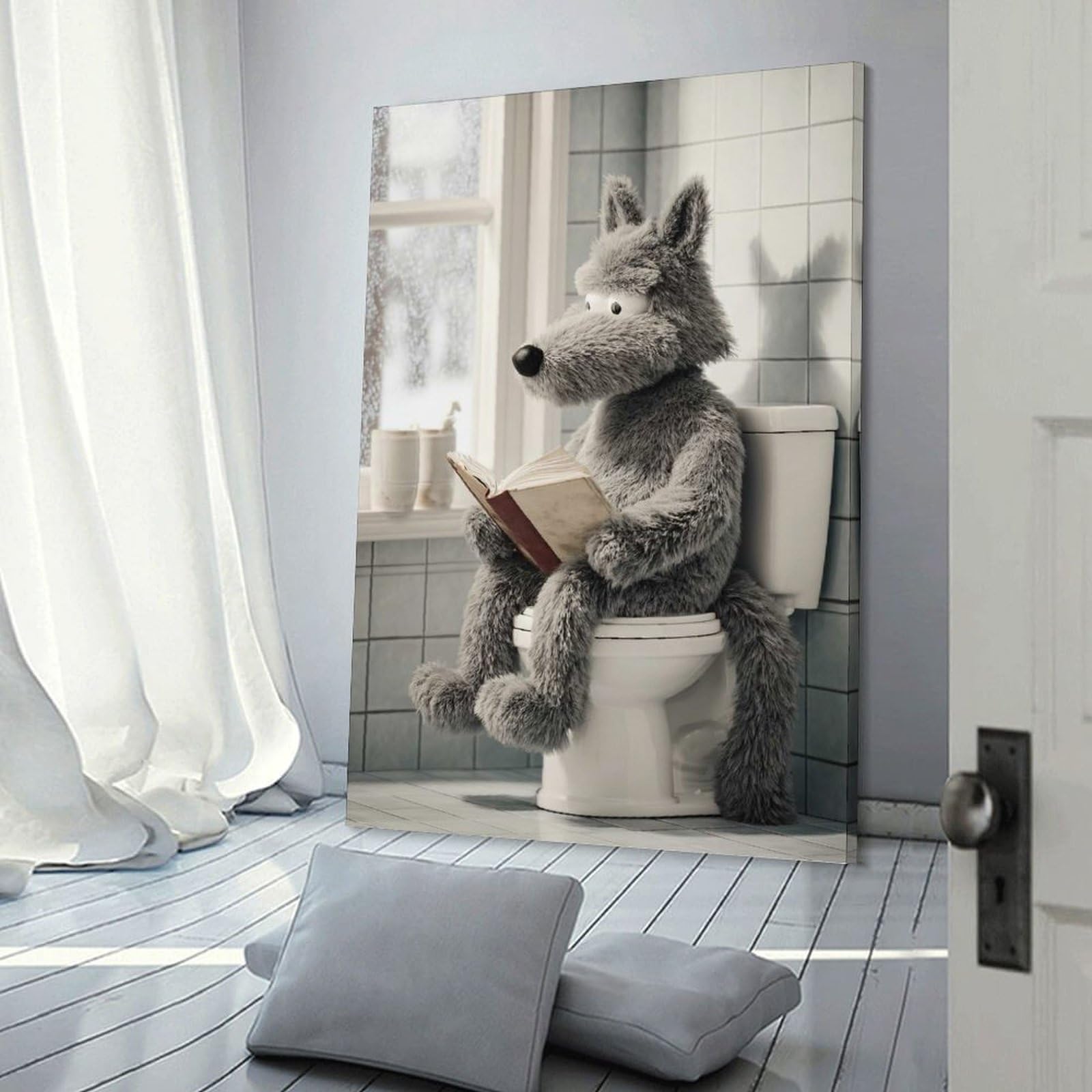Junmoney Wolf Reading on Toilet Canvas Wall Decor, 12x18inch(30x45cm), for Gallery Wall Decor And Room Displays, Wall Decor Suited to Curated Displays