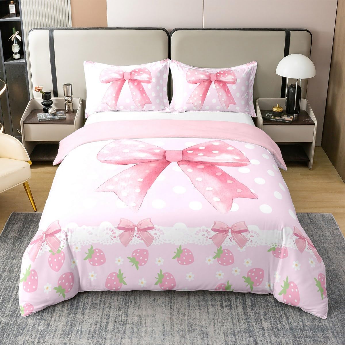 Pink Dot Bow 100% Cotton Duvet Cover Full,Sweet Strawberry Bedding Sets 3Pcs for Kids Girls Boys Teens Room Decor,Polka Dot Ribbon Comforter Cover Butterfly Tie Bow Quilt Cover,2 Pillowcases