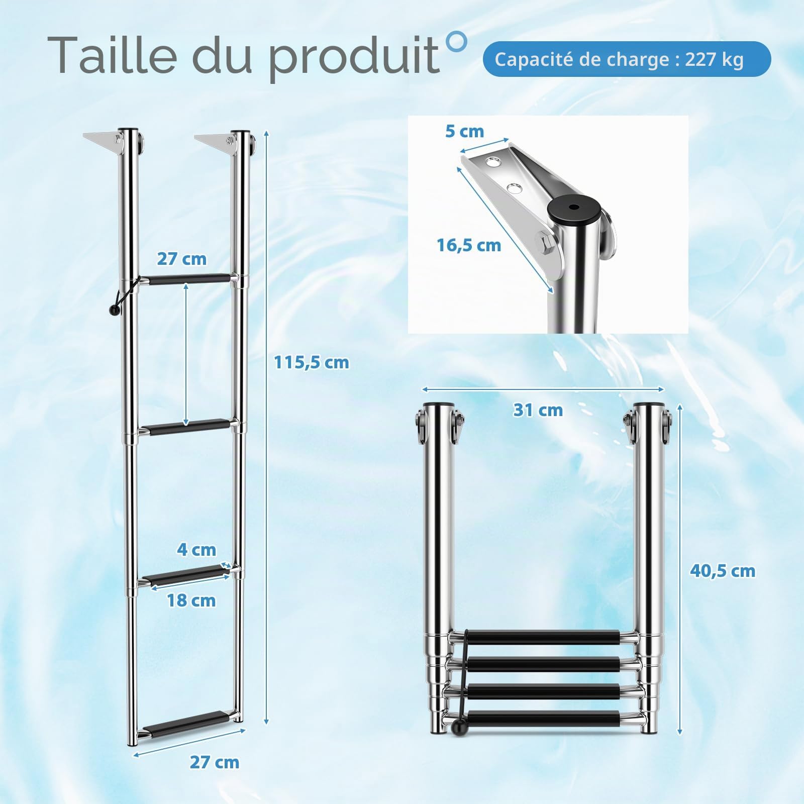 SOARS Échelle Télescopique Acier Inoxydable 4 Marches Antidérapantes 227 KG 27x115,5 cm