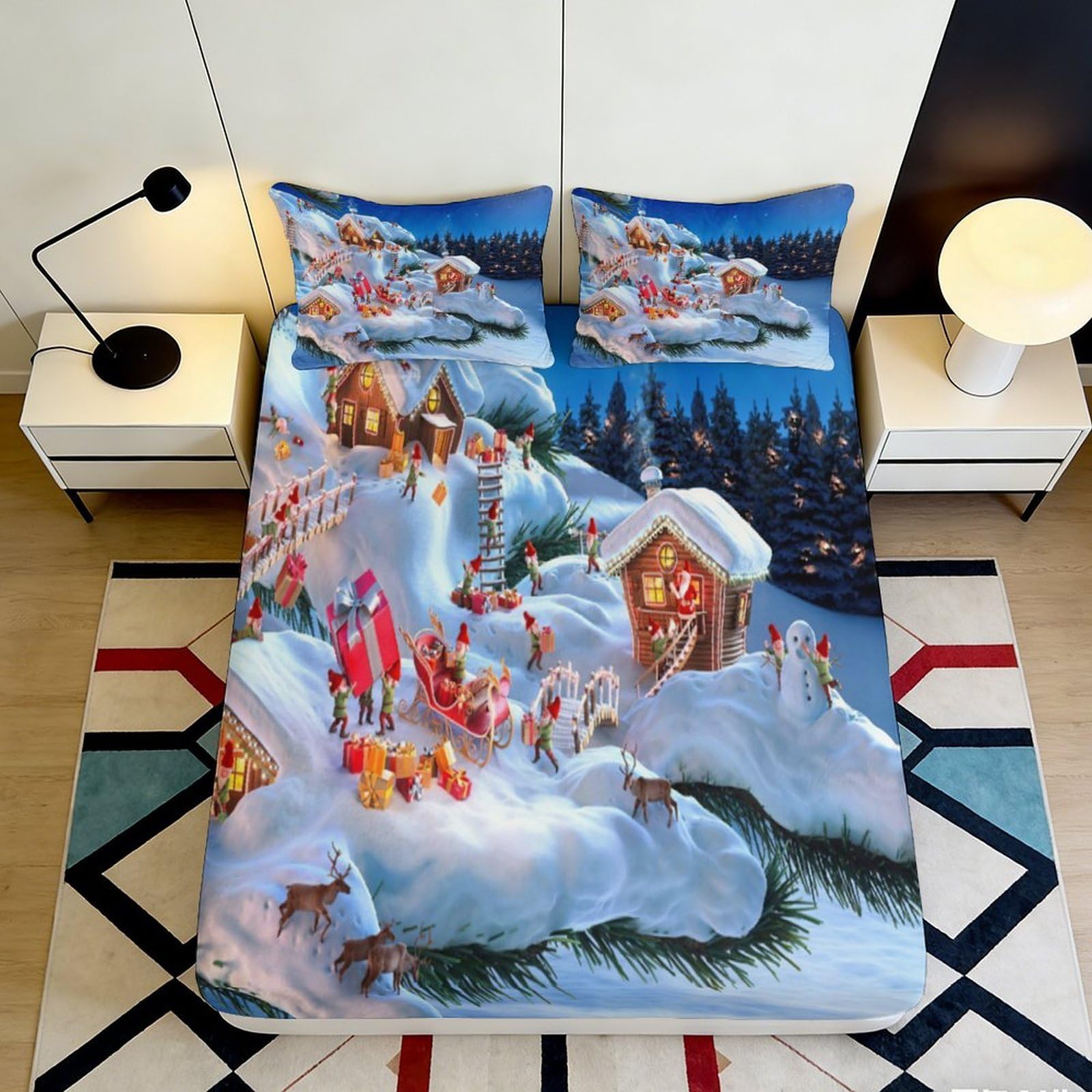 3D Printed Winter Village Fitted Sheet Microfiber Christmas Snow Scene Mattress Cover for Bedroom Guestroom Decor 90x200x25cm