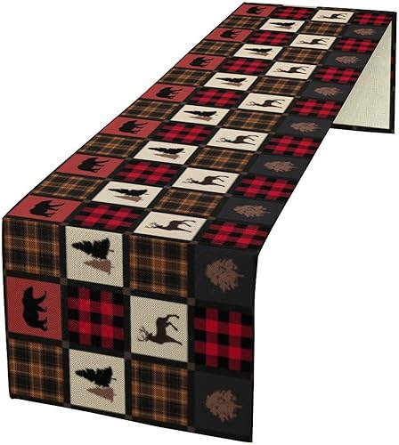 Camino de mesa rústico con osos, estilo vintage de cabaña campestre, diseño de pino, alce y vida silvestre, para decoración de mesa de comedor en la