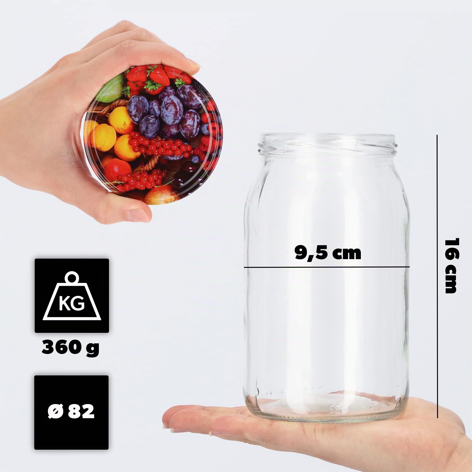 KADAX Lot de 48 grands bocaux en verre 900ml Ø82 Fruits – couvercle à vis hermétique, pour conserves, cornichons, légumes lacto-fermentés et confitures maison