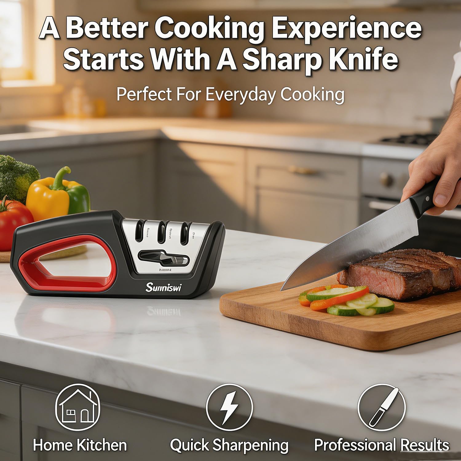 4-in-1 Household Knife Sharpener | 3-Stage (Coarse/Medium/Fine), For Repairing, Sharpening & Polishing, Kitchen Knives & Scissors, Restores Dull Blades