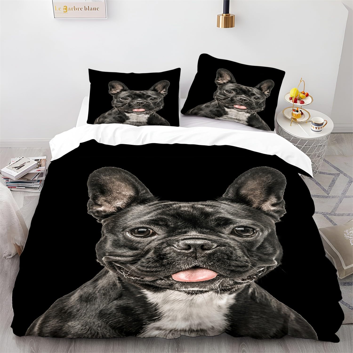 Duvet Cover Bedding Set King Size, French Bulldog Decor Quilt Cover, Microfiber 3D Print Comforter Cover with Zipper, Soft & Cosy Breathable Comforter Covers, Black