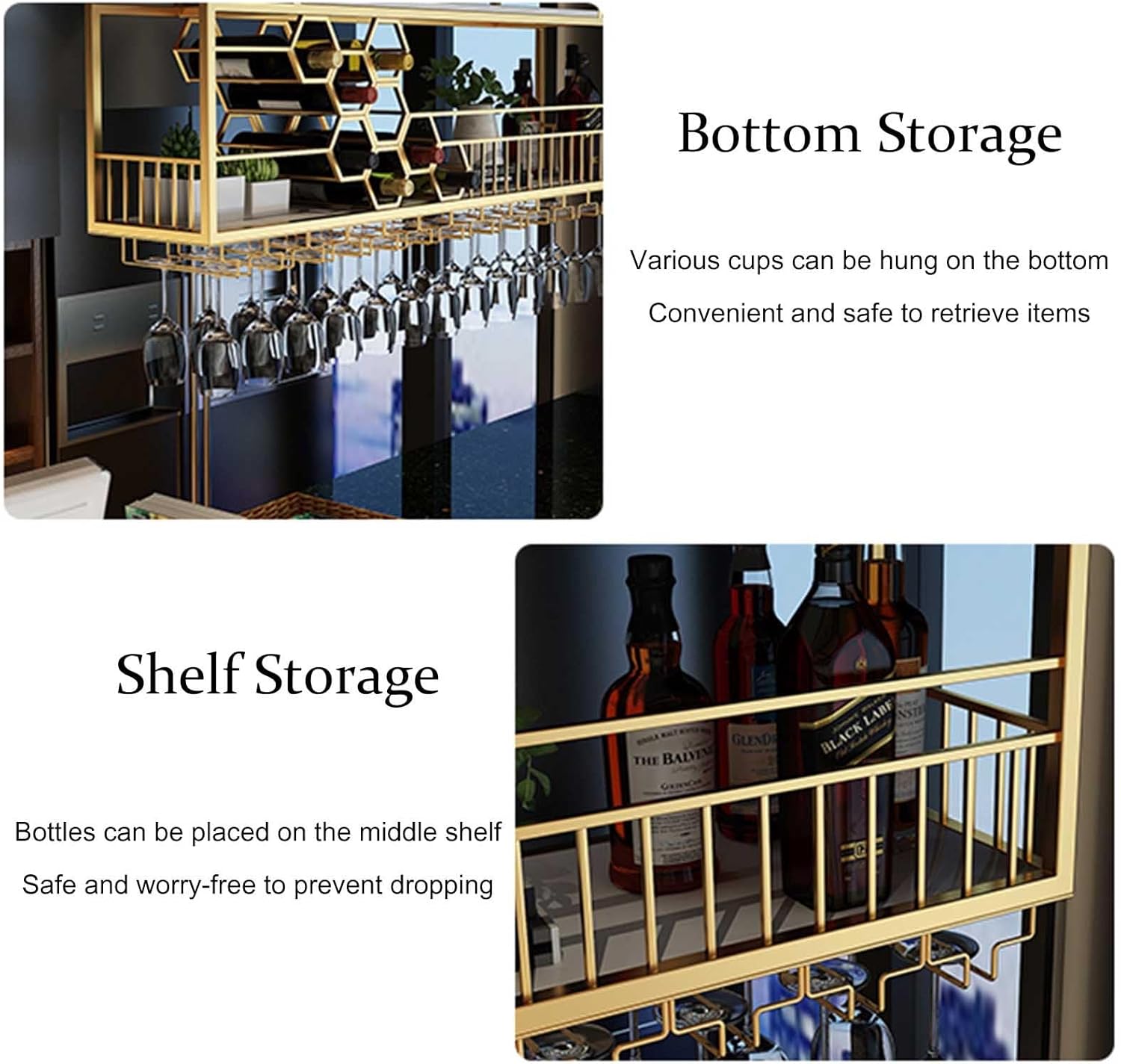 Metal Hanging Wine Rack with Glass Holder, Wine Bottle Holder, Floating Liquor Wall Shelf, Wine Storage Racks, Liquor Shelf for Kitchen Bar Decoration(Color:Gold,Size:100CM/39.3IN)