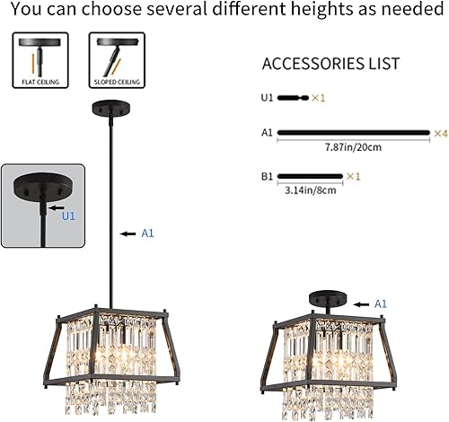 Miniatura 2 de LMQNINE Lámpara de araña de granja  Lámpara colgante de cristal de metal negro para cocina, comedor, sala de estar, techo plano e inclinado