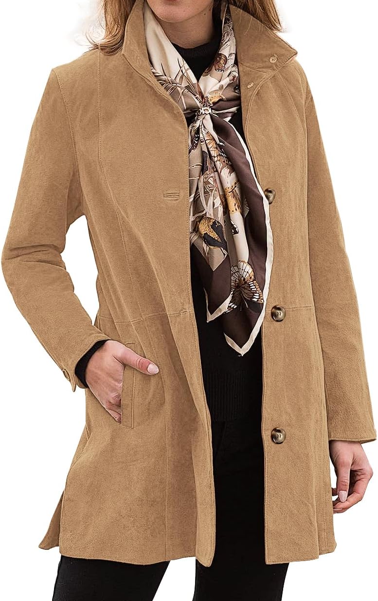 Womens Winter Suede Coat Stand Collar Single Breasted Overcoat with Pockets Mid Length Trench Coats