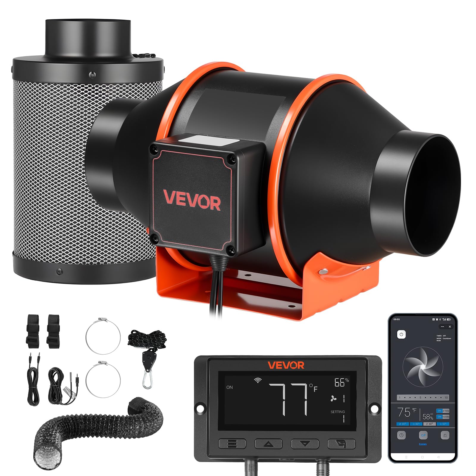 VEVOR Ventilador de Conducto en Línea 3000 RPM, Extractor con Kit de Ventilación, 10 Velocidades, Motor EC, 349 m³/h, Sensor de Temperatura y Humedad, Controlador PWM y App para Armarios de Cultivo