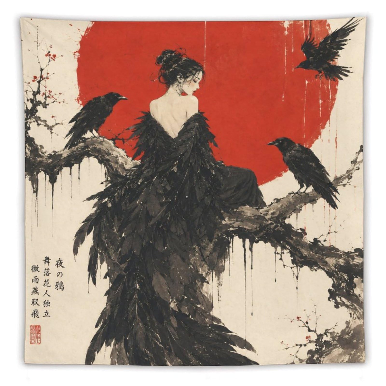 H3B8U2Y5 Raven Woman with Black Feathers Wall Tapestry, Gothic Oil, Gothic