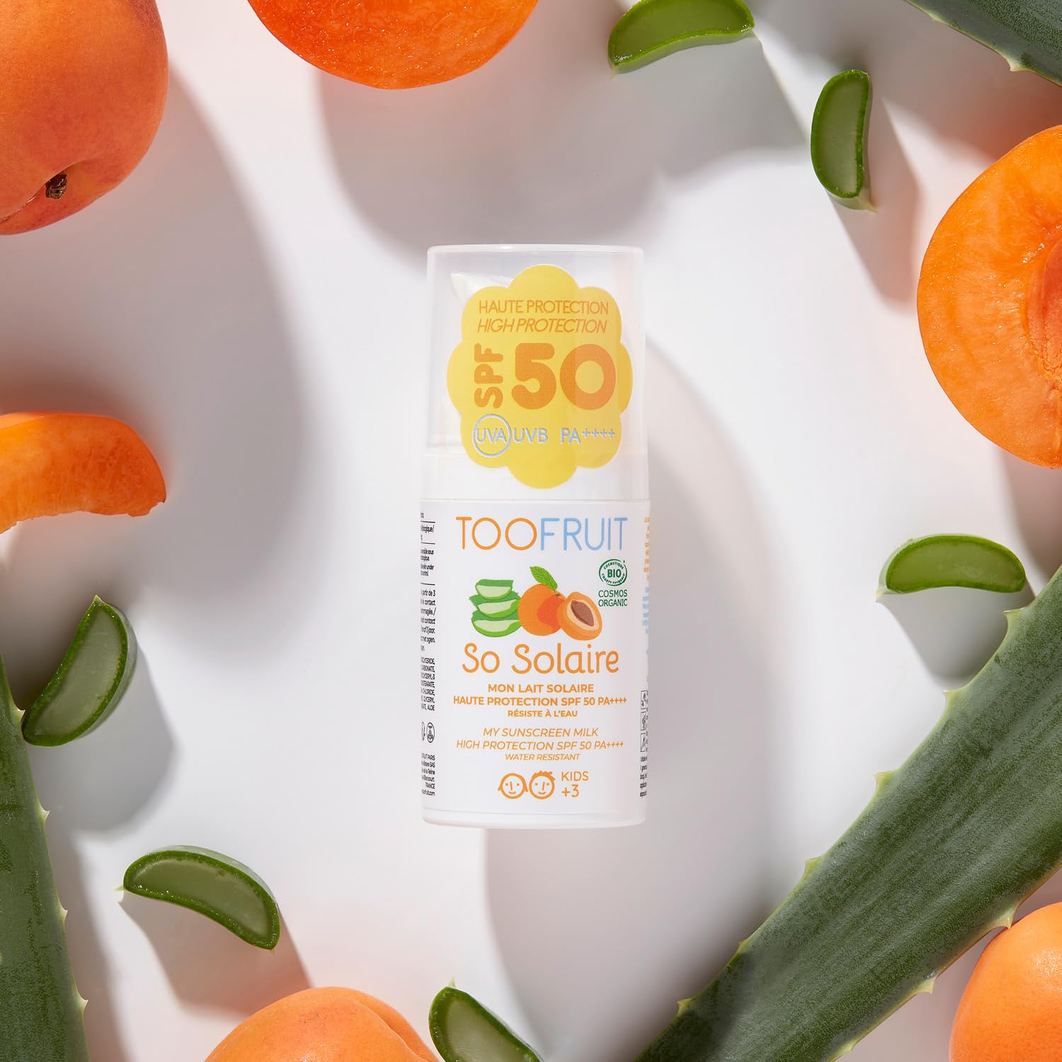 TOOFRUIT- So Solar - My Solar Mleko SPF50 - Organiczne mleko słoneczne dla dzieci, morela i aloes - wysoka ochrona przeciwsłoneczna - UVA/UVB - PA+++, wodoodporne, certyfikat organiczny, 30 ml