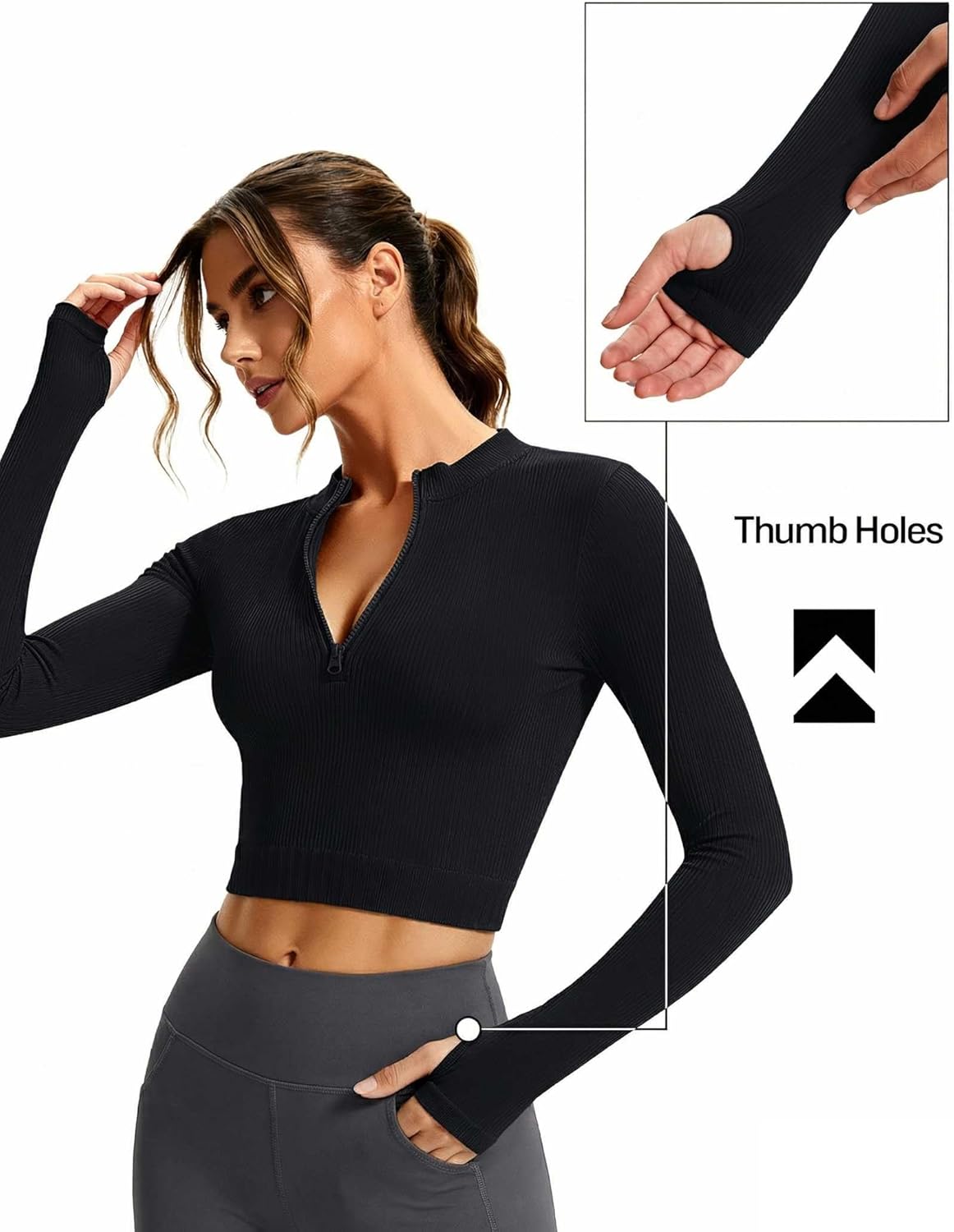 VEQKING Women Long Sleeve Workout Crop Tops Half Zip Pullover Sweatshirt Ribbed Tight Fitted Athletic Shirts with Thumbholes - Image 4