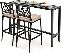 COSTWAY 55" Outdoor Pub Height Bar Table Set with 2 Cushioned Rhombus Backrest Stools, Rustproof Metal Patio Furniture for Backyard, Balcony, Poolside