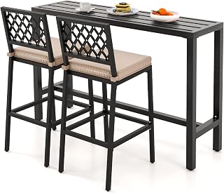 COSTWAY 55" Outdoor Pub Height Bar Table Set with 2 Cushioned Rhombus Backrest Stools, Rustproof Metal Patio Furniture for Backyard, Balcony, Poolside