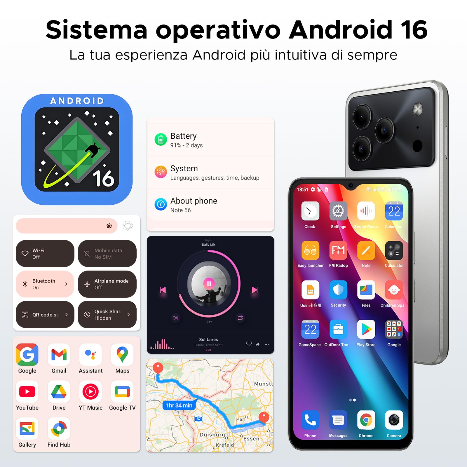 Note 56 Smartphone Android 16, 6150 mAh, 8.45 mm Ultrasottile, 6.56" HD + 90 Hz IPS, 24 GB + 64 GB/2 TB TF, 4G offerta Smartphone, Dual SIM/Octa Core/OTG/Face ID/GPS, Naturale