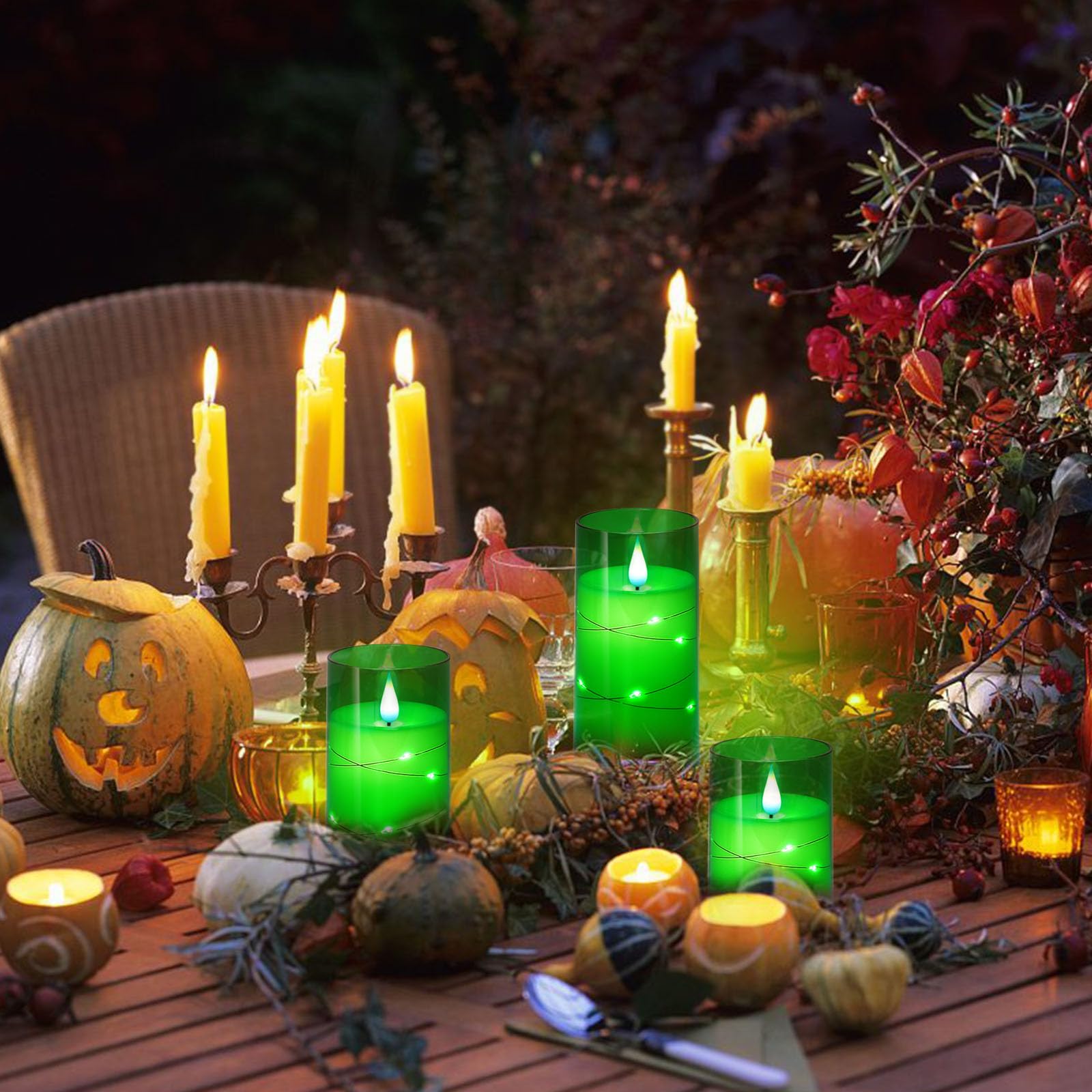 NURADA Flickering Flameless Candles: Built-in Star String, LED Pillar Candles with Imitation Glass - Acrylic Battery Candles with Remote and Timer, Pack of 3 (D:3" x H:4" 5" 6") & Green