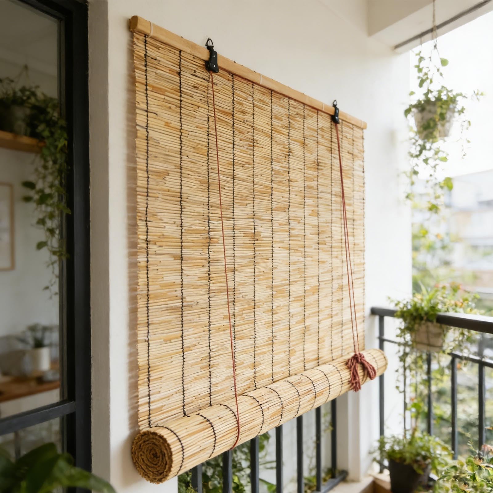 Store Bambou Vénitien pour Fenetre, Rideau en Roseau Anti-UV, 60 80 90 100 120cm Occultant Naturel Réglable pour Salon Ou Cuisine, Store Enrouleur Classique(W125 x H215 cm)