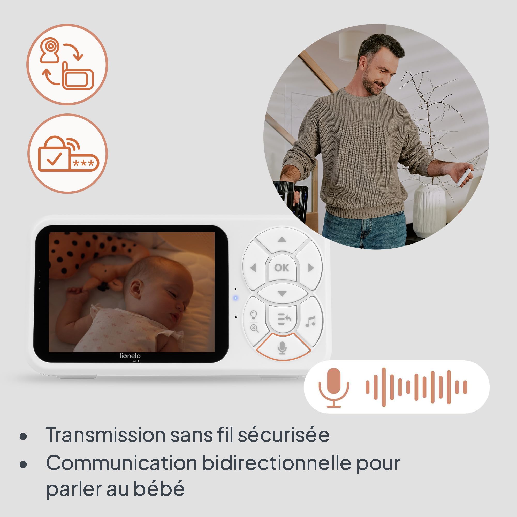 Lionelo Babyline 3.4 Babyphone Caméra Sans Wi-Fi, Écran 3,5" | Vision Nocturne 10 m, Audio 2 Voies, Zoom 4×, Veilleuse Multicolore, 6 Mélodies, Alertes Pleurs/Température, Portée 200 m