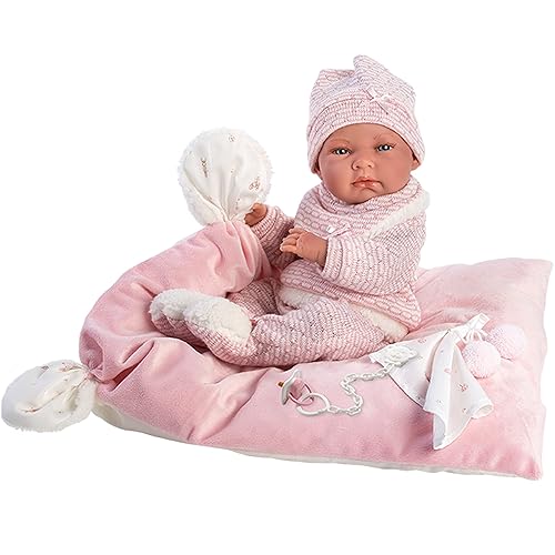 Miniatura 4 de Muñeca Nica con ojos azules y cuerpo de vinilo, muñeca bebé con traje rosa, manta de abrazo, chupete, cadena ficticia y cojín suave, 15.7 in