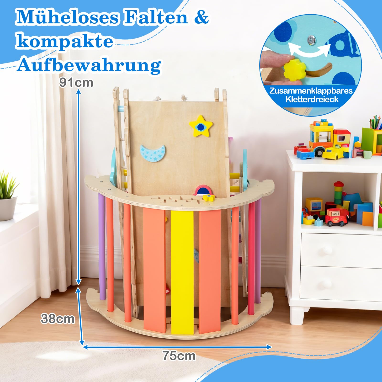COSTWAY Klettergerüst Indoor 4er Set, klappabres Kletterdreieck mit Rutsche, Kletterbogen, Netz, inkl. doppelseitige Rampe, Baustein Set & 2 Autos, Universum Sprossendreieck Holz für Kinder ab 1 Jahr
