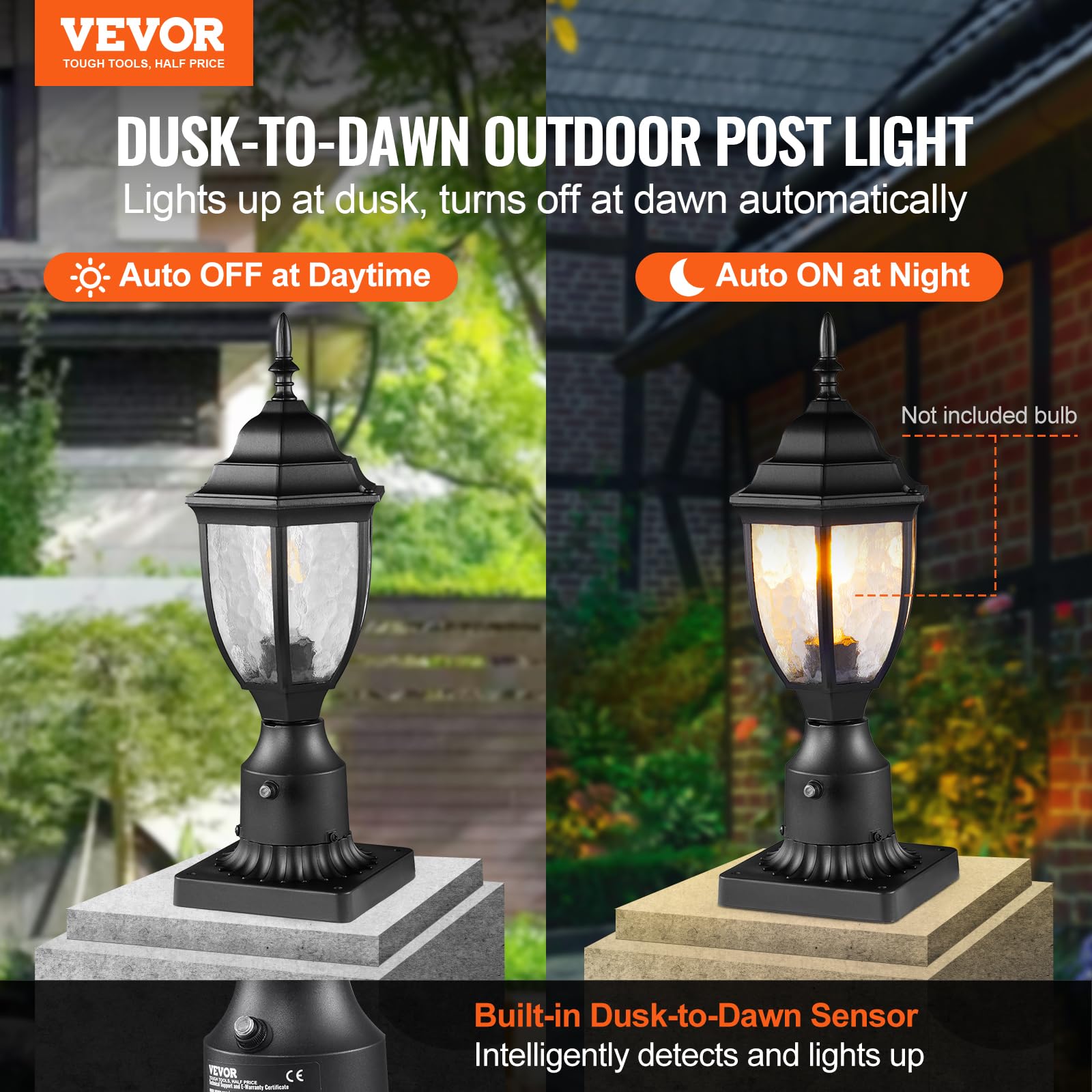 VEVOR 2 PCS Farolas Exteriores de Anochecer al Amanecer, 390 mm, Resistentes al Agua con Base de Montaje en Pilar de 9 cm, Pantalla de Vidrio Farola Exterior a Prueba de Rayos para Patio, Jardín