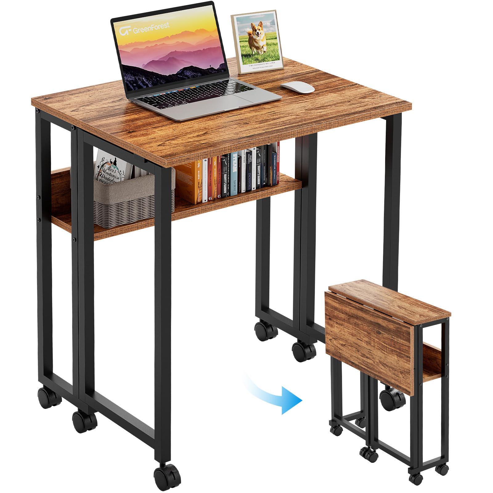 GreenForest Small Folding Desk with Storage Shelf,63 cm Computer Rolling Desk on Wheels Easy Assembly,Foldable desk for Small Space,Brown โ image 1