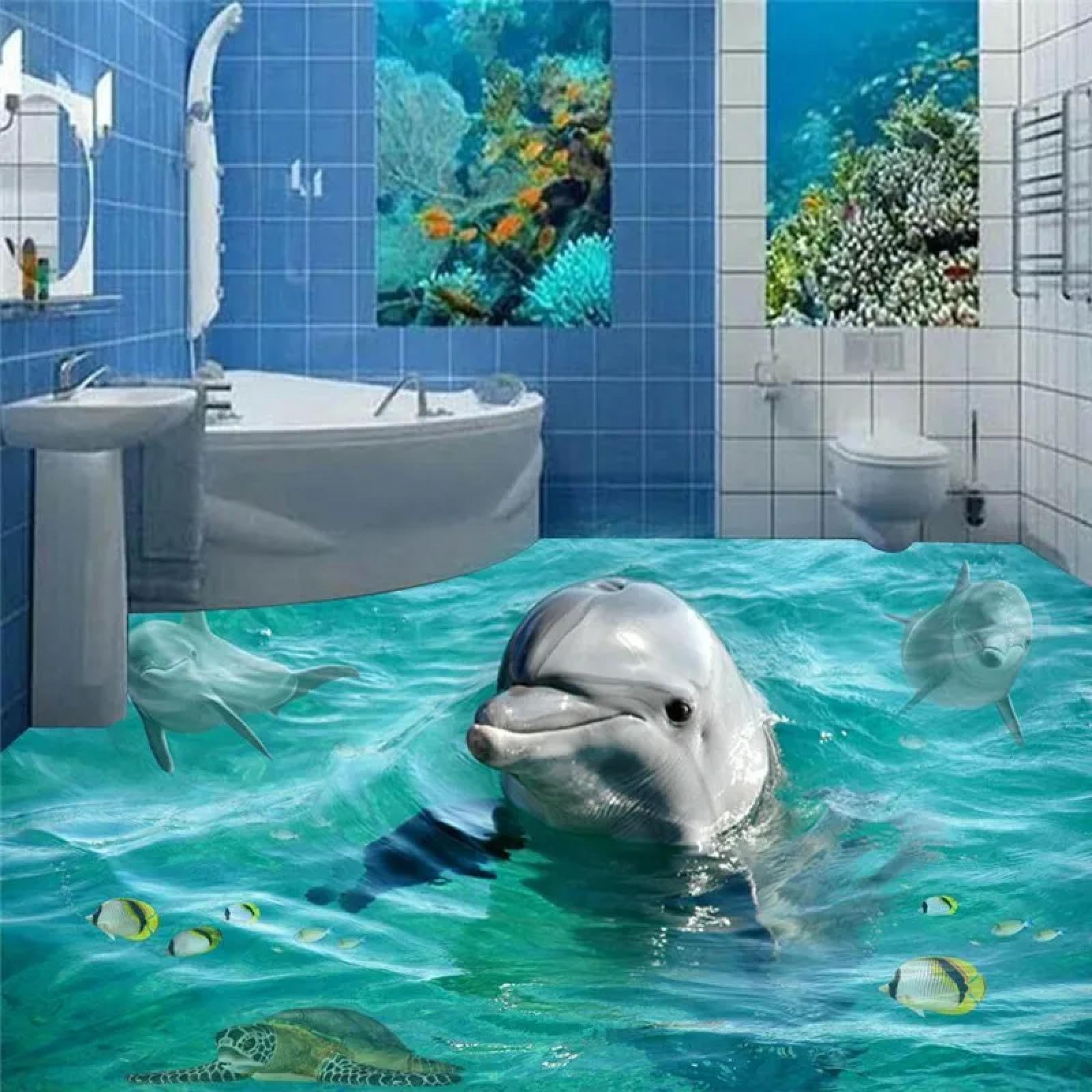 Selbstklebende Bodenfliesen für den Innenbereich 3D Wandbilder dreidimensionale Delfine Ozean Wohnzimmer Badezimmer Wandkunst Tapeten Dekorationsaufkleber